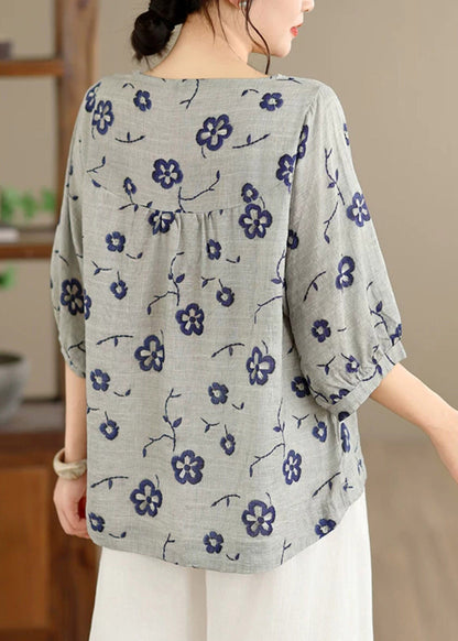 Loose Grey Print Tops O-Neck Half Sleeve