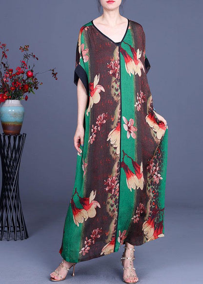 Loose Grey Print V Neck Short Sleeve Chiffon Vacation Dresses - SooLinen