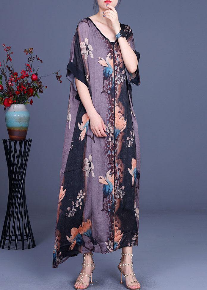 Loose Grey Print V Neck Short Sleeve Chiffon Vacation Dresses - SooLinen