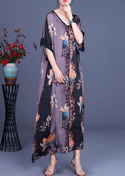 Loose Grey Print V Neck Short Sleeve Chiffon Vacation Dresses - SooLinen