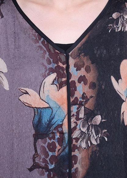 Loose Grey Print V Neck Short Sleeve Chiffon Vacation Dresses - SooLinen