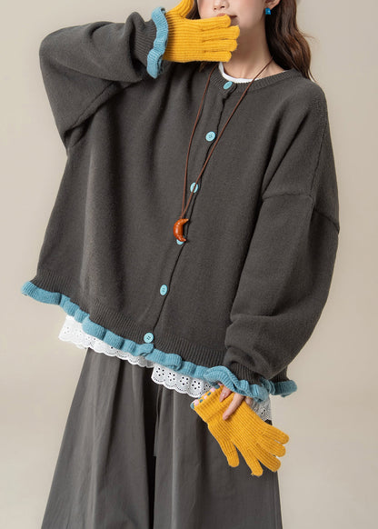 Loose Grey Ruffled Button Patchwork Knit Coats Spring