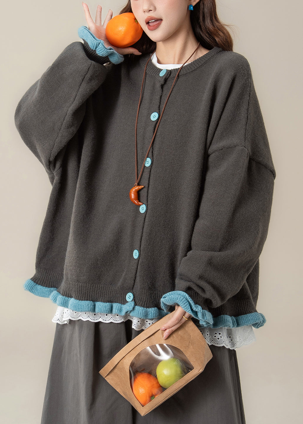 Loose Grey Ruffled Button Patchwork Knit Coats Spring