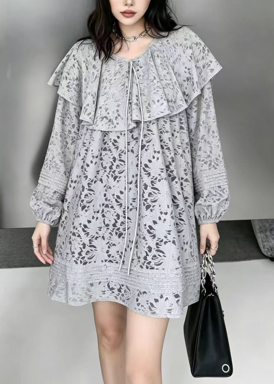 Loose Grey Ruffled Lace Up Jacquard Lace Mid Long Shirt Fall