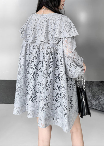 Loose Grey Ruffled Lace Up Jacquard Lace Mid Long Shirt Fall
