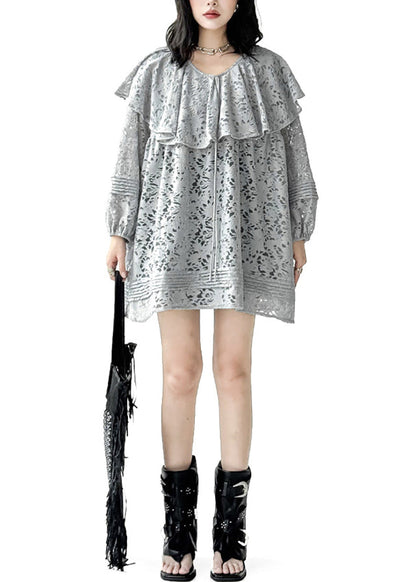 Loose Grey Ruffled Lace Up Jacquard Lace Mid Long Shirt Fall