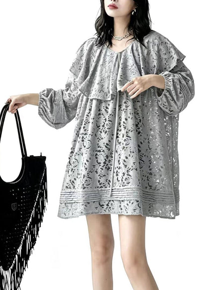 Loose Grey Ruffled Lace Up Jacquard Lace Mid Long Shirt Fall