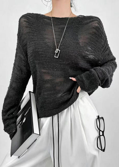 Loose Grey Sheer Knit Sweater Tops Fall