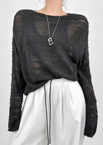 Loose Grey Sheer Knit Sweater Tops Fall
