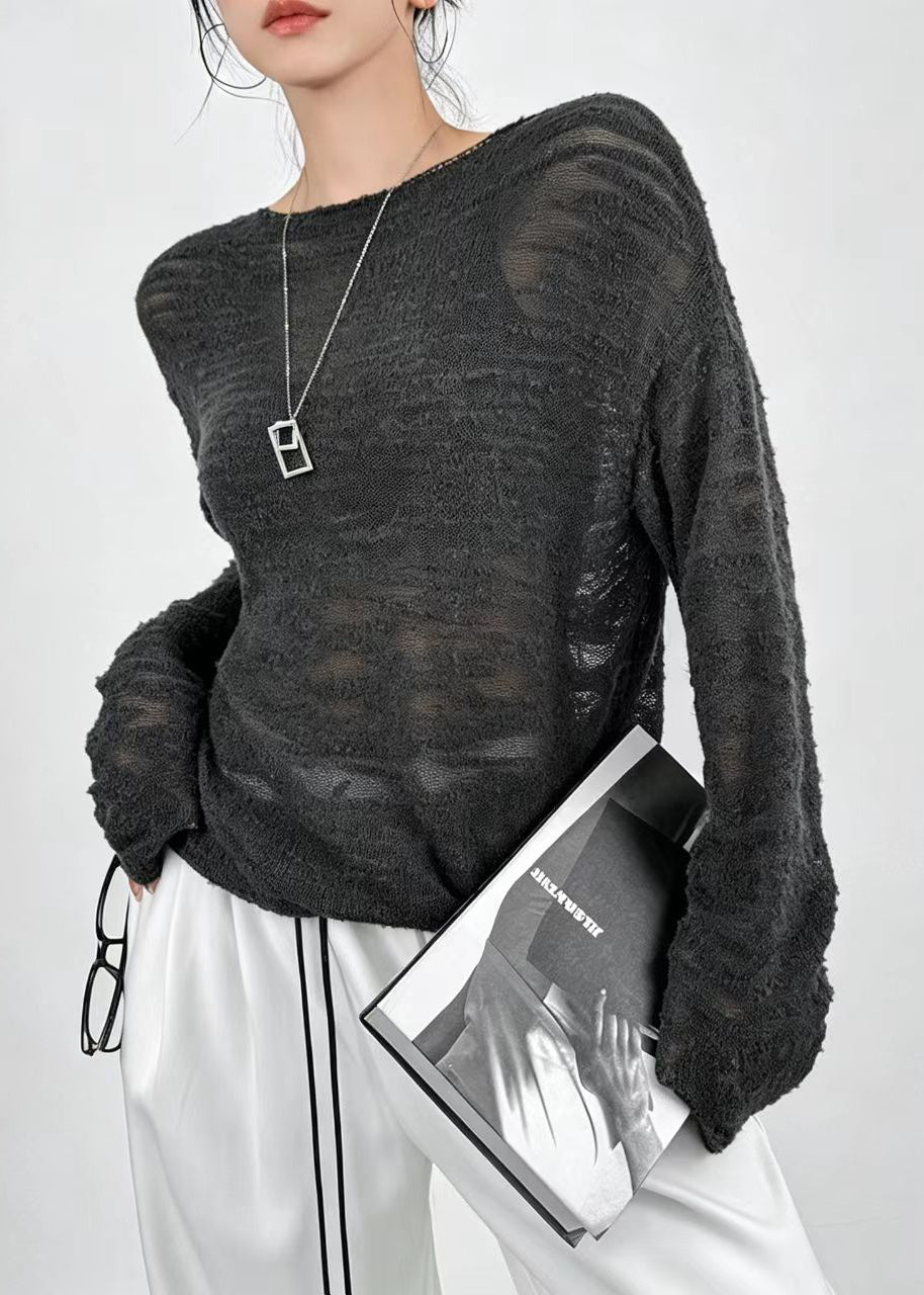 Loose Grey Sheer Knit Sweater Tops Fall
