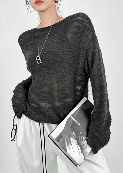 Loose Grey Sheer Knit Sweater Tops Fall
