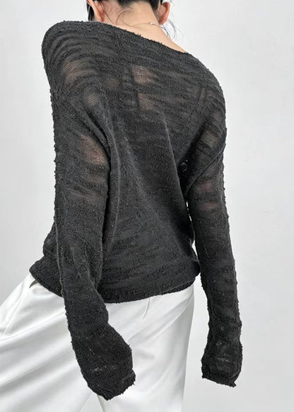 Loose Grey Sheer Knit Sweater Tops Fall