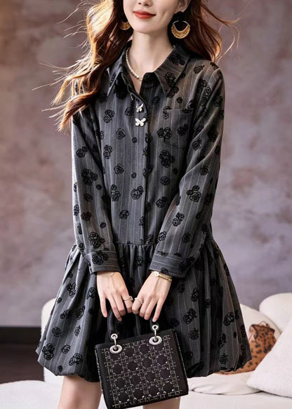 Loose Grey Striped Turn-Down Collar Print Dress Fall