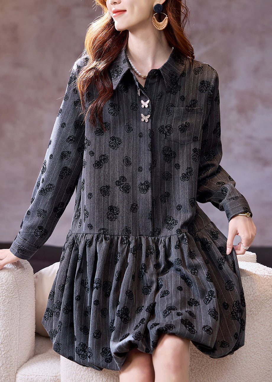Loose Grey Striped Turn-Down Collar Print Dress Fall