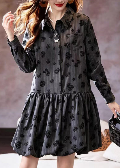 Loose Grey Striped Turn-Down Collar Print Dress Fall