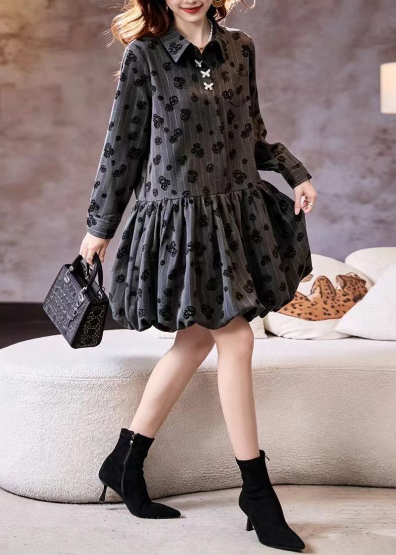 Loose Grey Striped Turn-Down Collar Print Dress Fall
