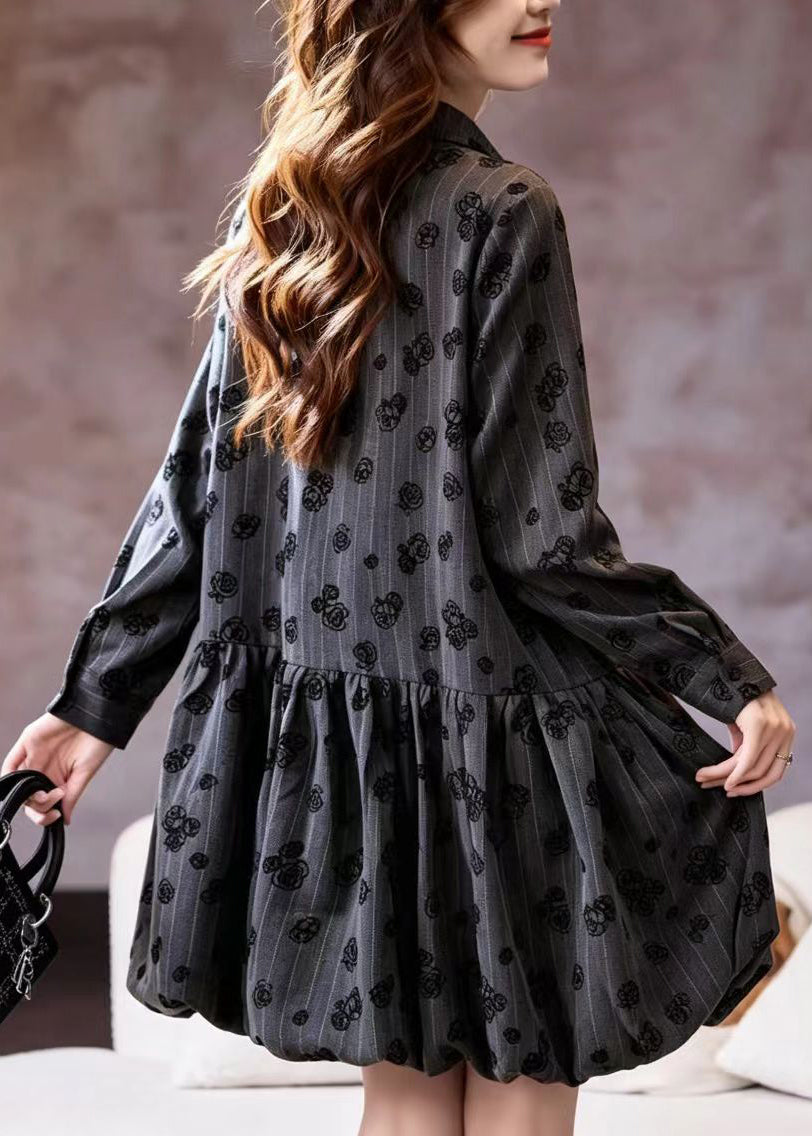 Loose Grey Striped Turn-Down Collar Print Dress Fall