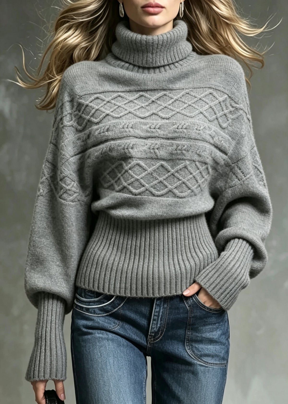 Loose Grey Turtleneck Knit Sweater Tops Batwing Sleeve