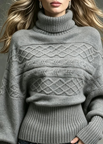 Loose Grey Turtleneck Knit Sweater Tops Batwing Sleeve