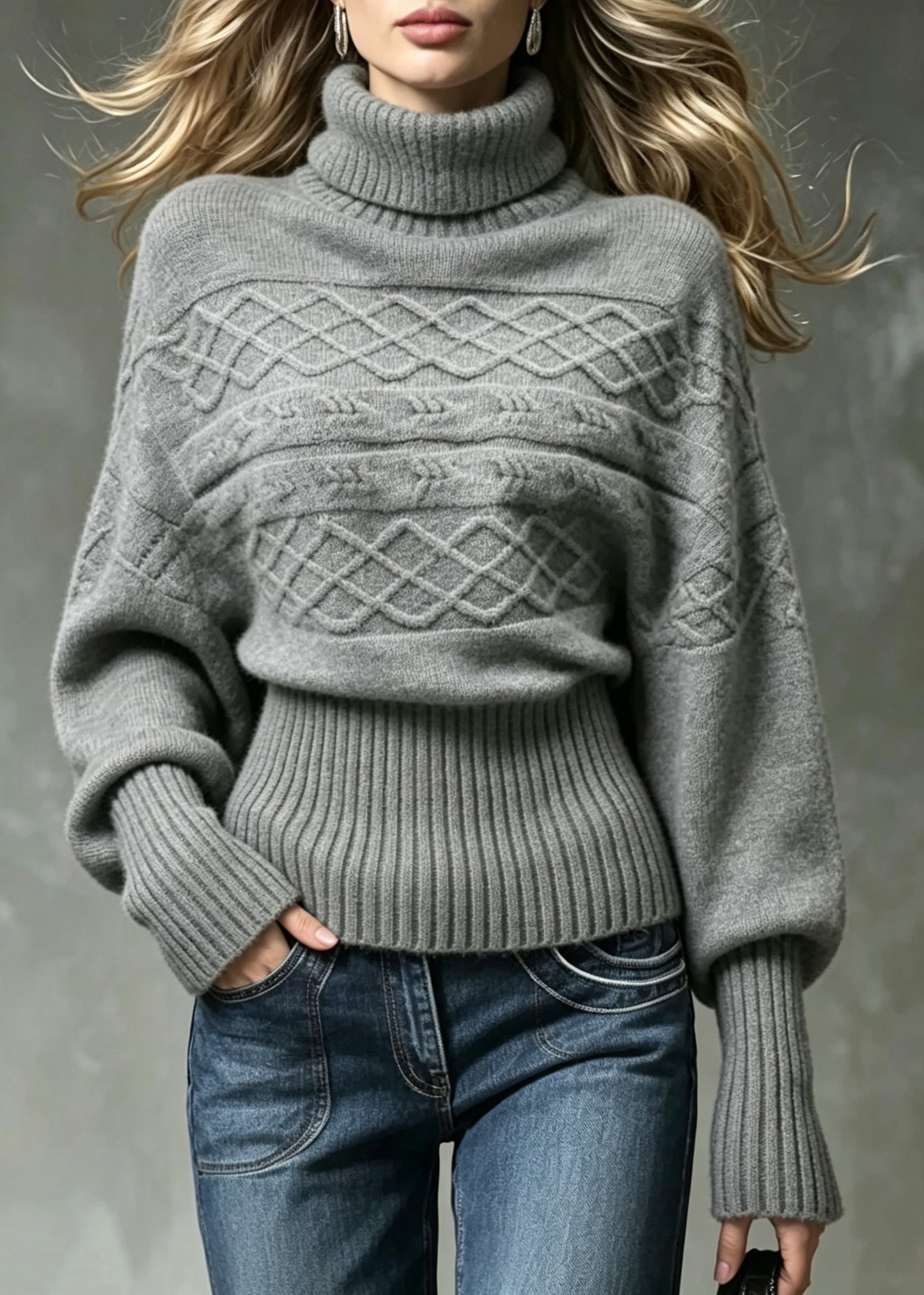 Loose Grey Turtleneck Knit Sweater Tops Batwing Sleeve