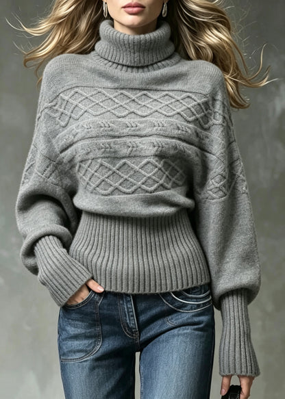 Loose Grey Turtleneck Knit Sweater Tops Batwing Sleeve