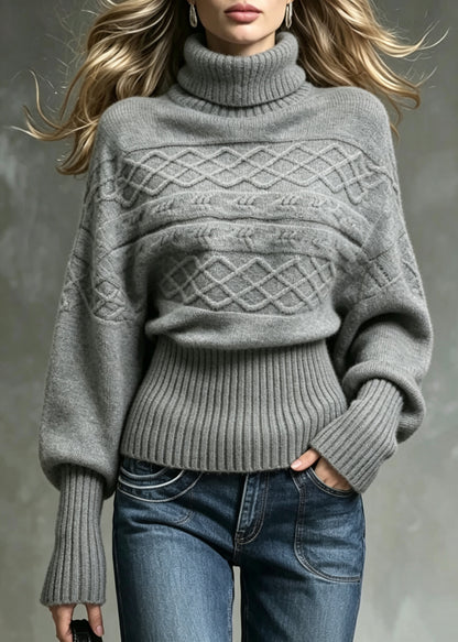 Loose Grey Turtleneck Knit Sweater Tops Batwing Sleeve