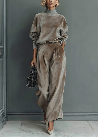 Loose Grey Turtleneck Patchwork pullover And Wide Leg Pants Two Pieces Set Spring