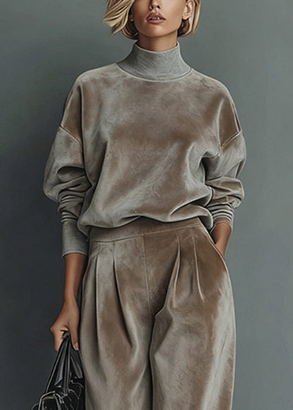 Loose Grey Turtleneck Patchwork pullover And Wide Leg Pants Two Pieces Set Spring