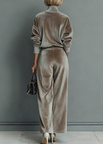 Loose Grey Turtleneck Patchwork pullover And Wide Leg Pants Two Pieces Set Spring
