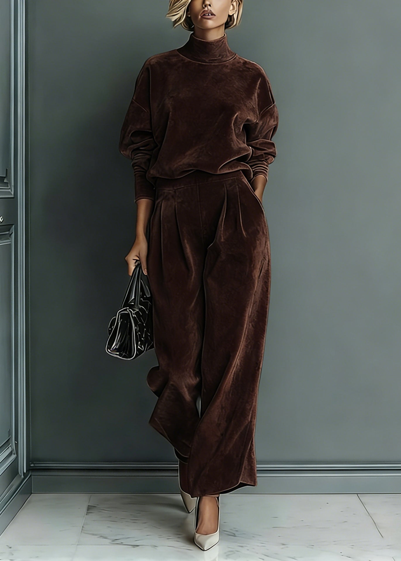 Loose Grey Turtleneck Pockets Tops And Pants Silk Velvet Two Pieces Set Spring