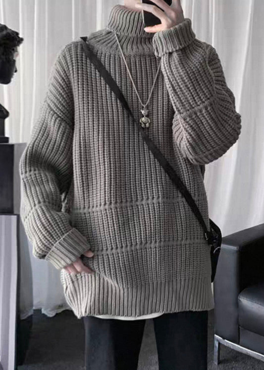 Loose Grey Turtleneck Thick Cotton Knit Sweaters Men Winter