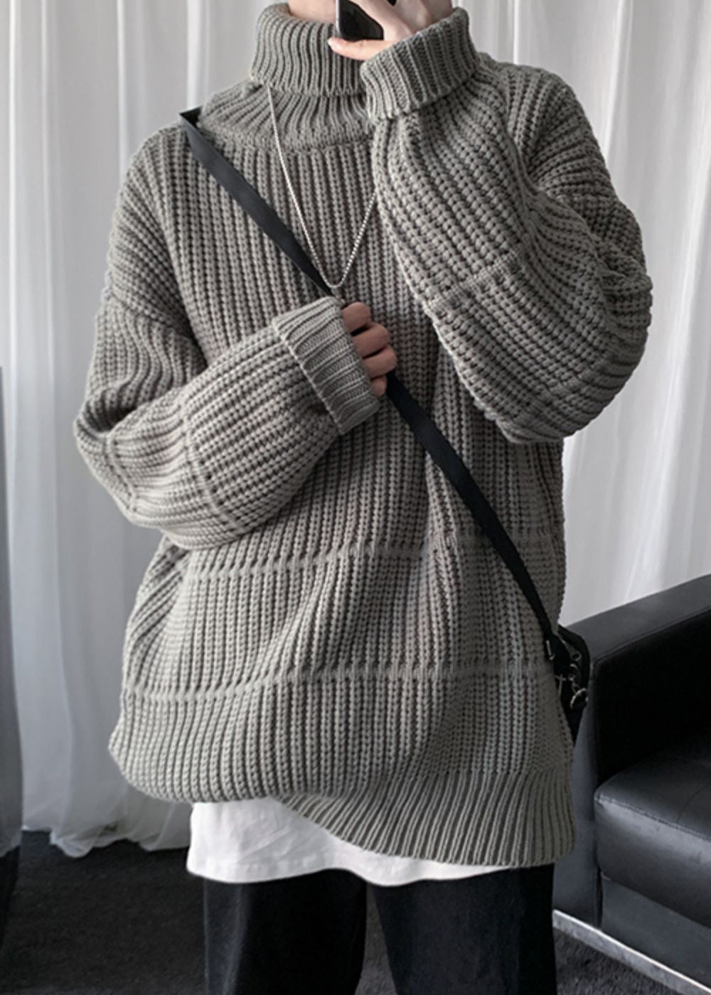 Loose Grey Turtleneck Thick Cotton Knit Sweaters Men Winter