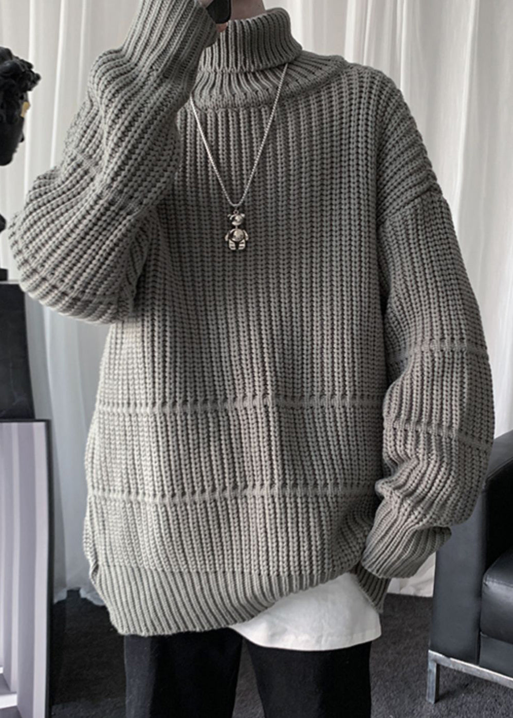Loose Grey Turtleneck Thick Cotton Knit Sweaters Men Winter
