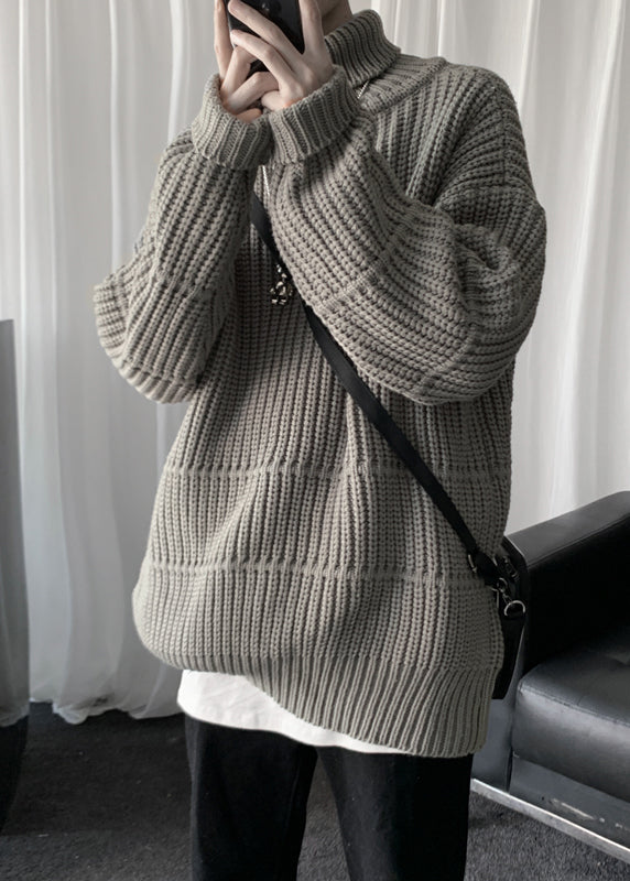 Loose Grey Turtleneck Thick Cotton Knit Sweaters Men Winter