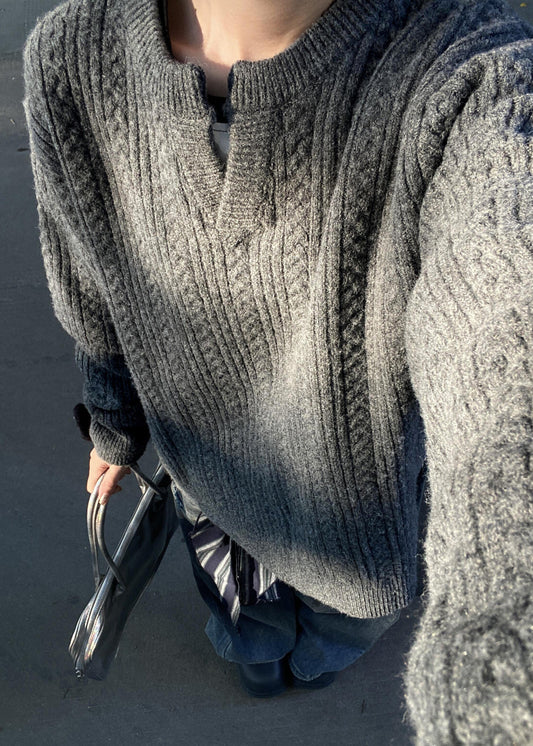 Loose Grey V Neck Cozy Cotton Cable Knit Men Sweater Winter