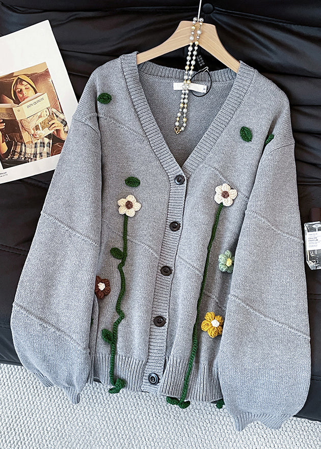 Loose Grey V Neck Floral Button Knit Coats Fall