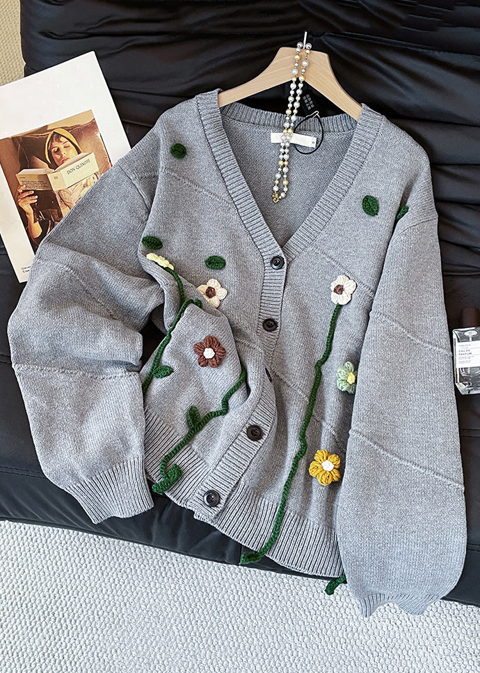 Loose Grey V Neck Floral Button Knit Coats Fall