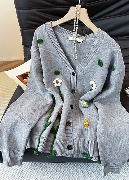 Loose Grey V Neck Floral Button Knit Coats Fall