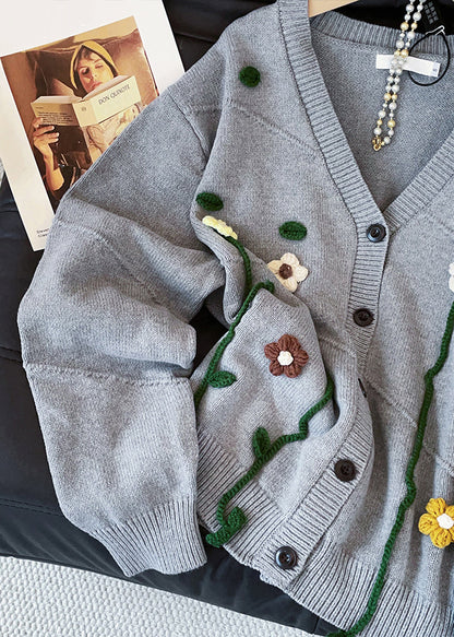 Loose Grey V Neck Floral Button Knit Coats Fall