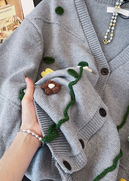 Loose Grey V Neck Floral Button Knit Coats Fall