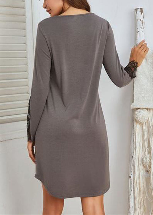 Loose Grey V Neck Lace Patchwork Cotton Pajamas Dress Spring