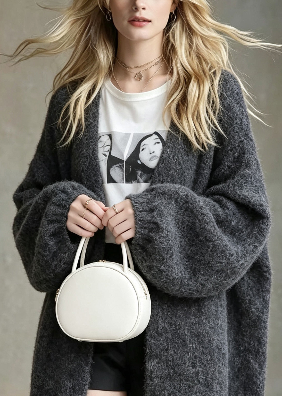 Loose Grey V Neck Patchwork Warm Thick Knit Cardigans Fall