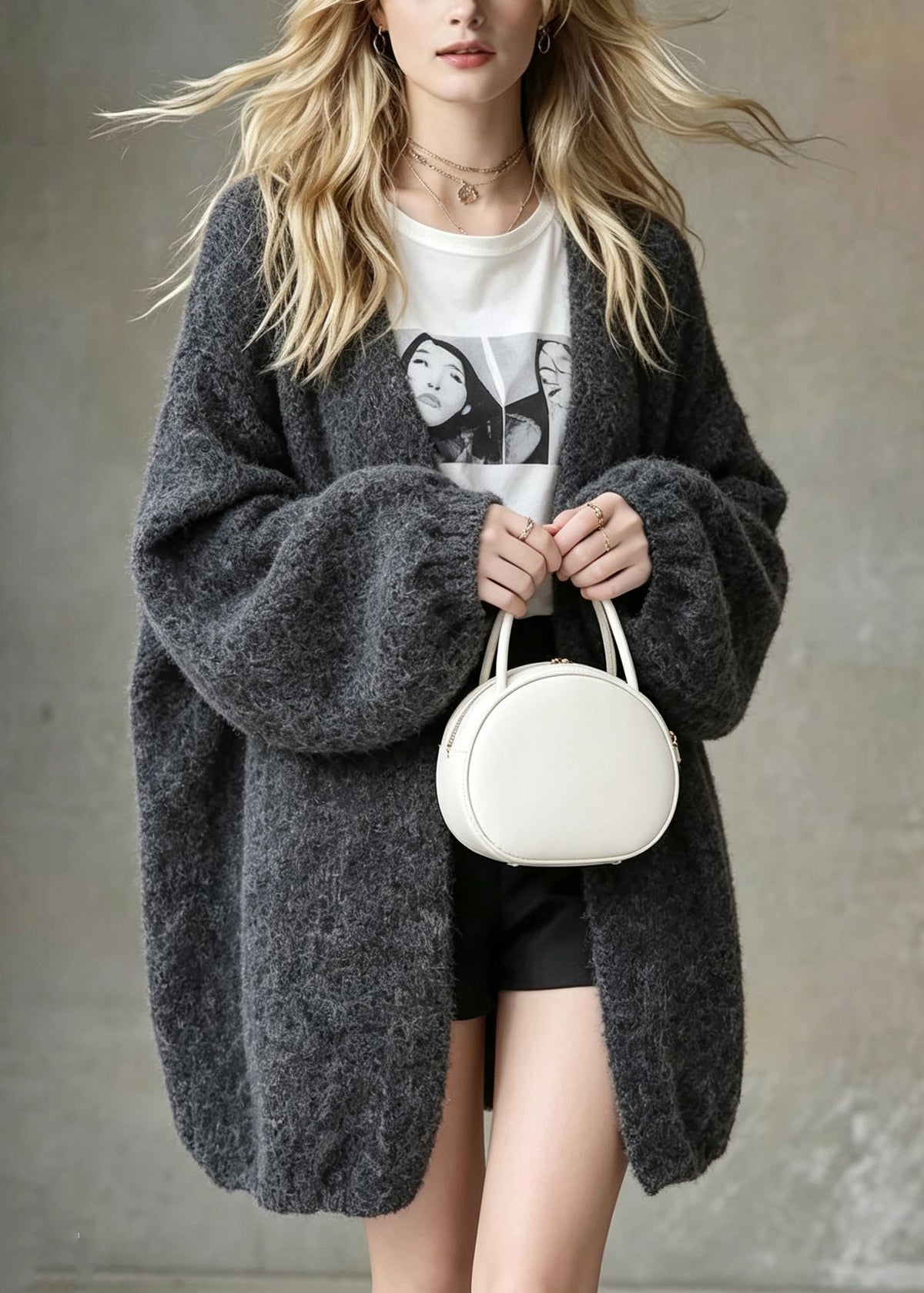 Loose Grey V Neck Patchwork Warm Thick Knit Cardigans Fall