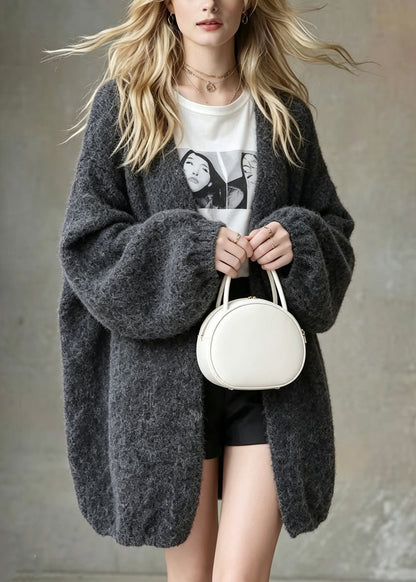 Loose Grey V Neck Patchwork Warm Thick Knit Cardigans Fall