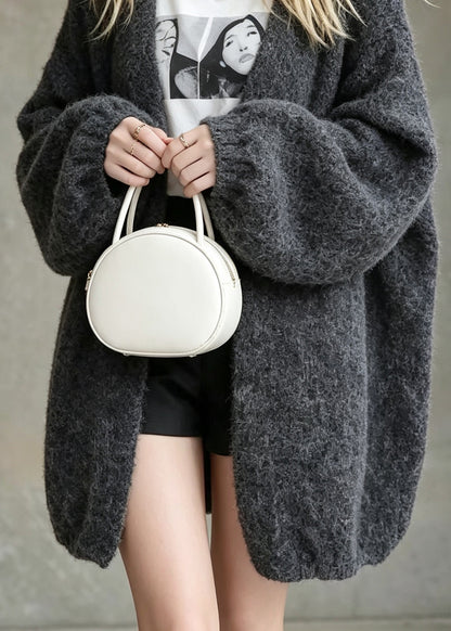 Loose Grey V Neck Patchwork Warm Thick Knit Cardigans Fall