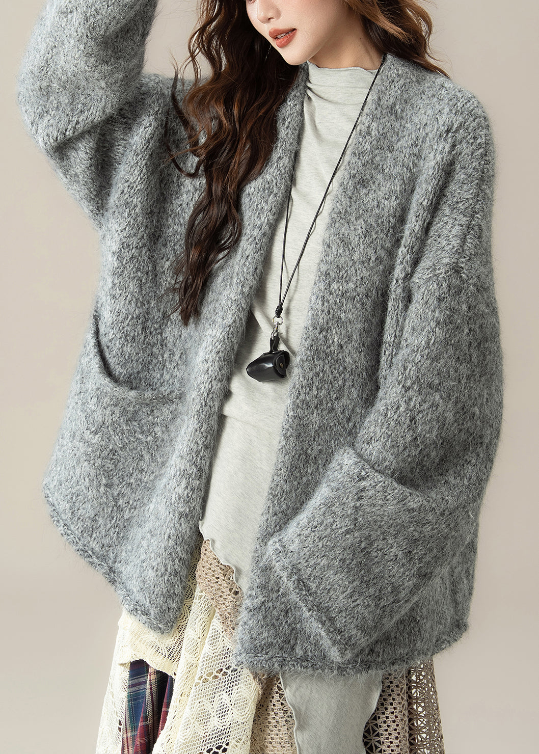 Loose Grey V Neck Pockets Solid Knit Cardigans Spring