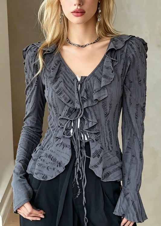 Loose Grey V Neck Ruffled Patchwork Cotton Shirt Tops Fall