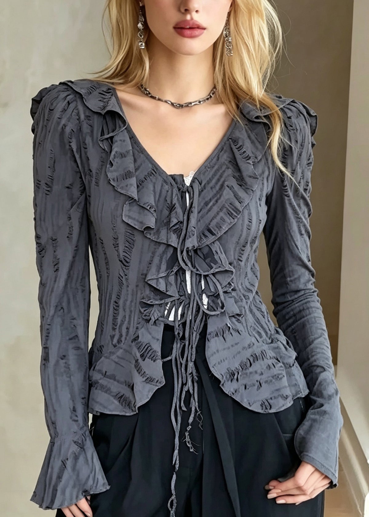 Loose Grey V Neck Ruffled Patchwork Cotton Shirt Tops Fall