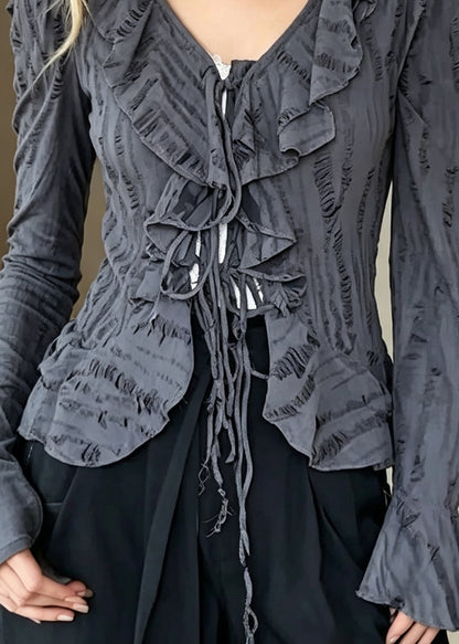 Loose Grey V Neck Ruffled Patchwork Cotton Shirt Tops Fall