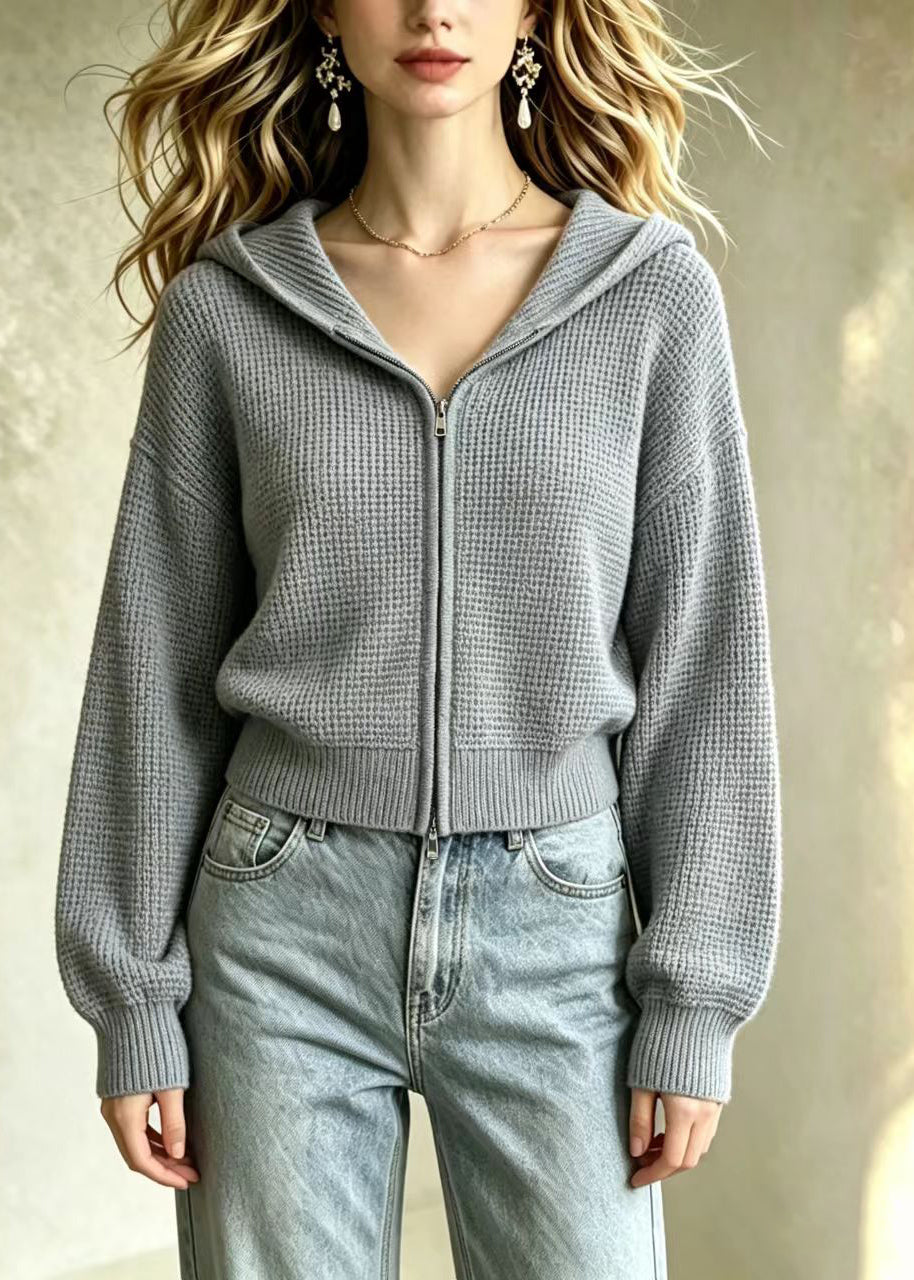 Loose Grey Waffle Hooded Double Zip Knit Cardigans Fall